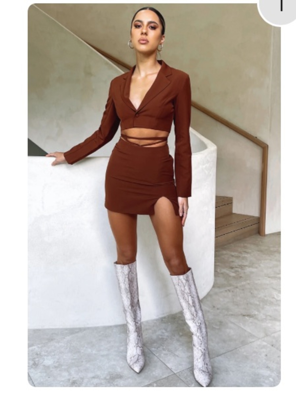 White Fox Chocolate Cropped Blazer & Mini Skirt Set